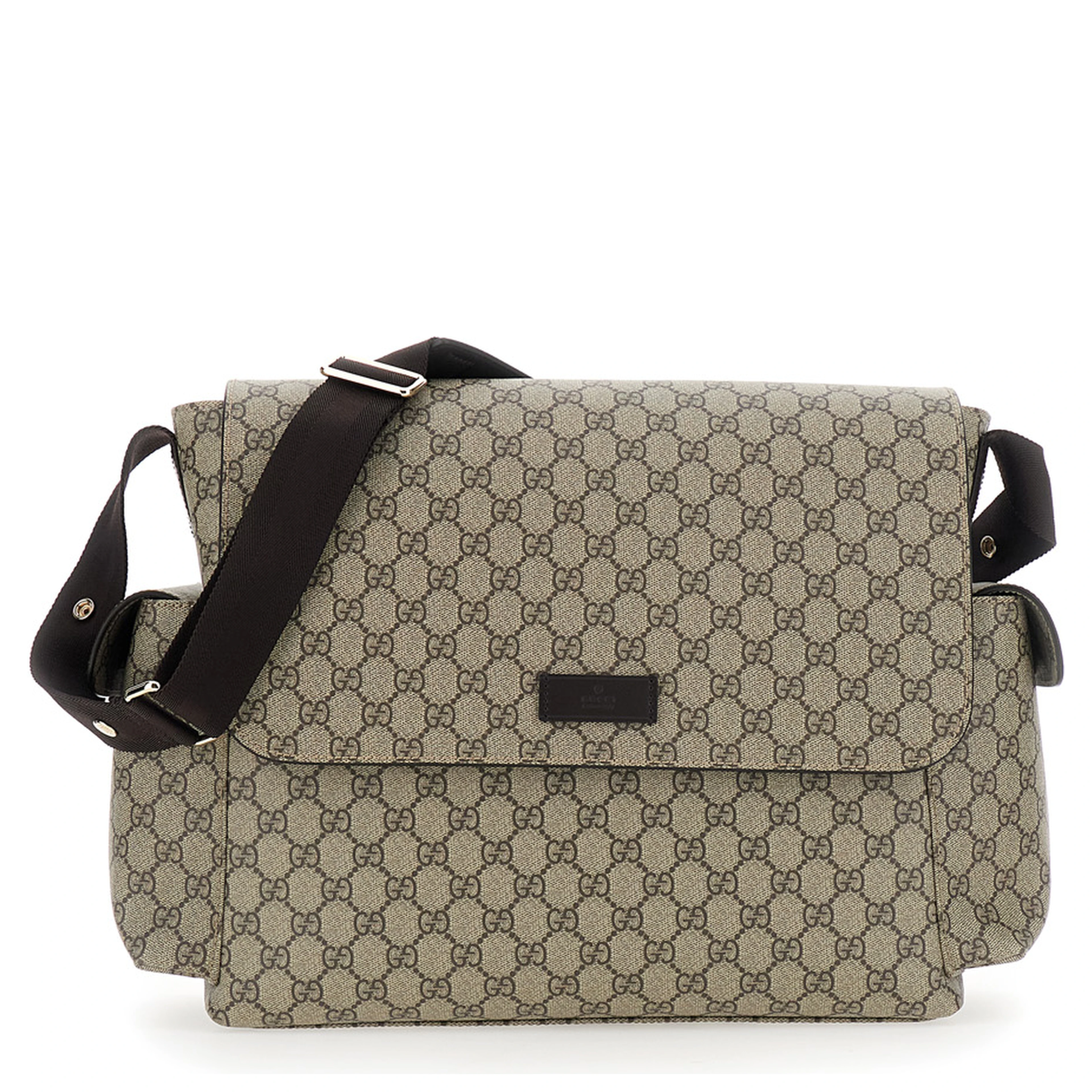 Beige Crossbody changing  bag with adjustable strap and flap closure on the front in GG canvas baby