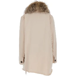 beige Parka jacket with fur collar and removable lining in fabric for women