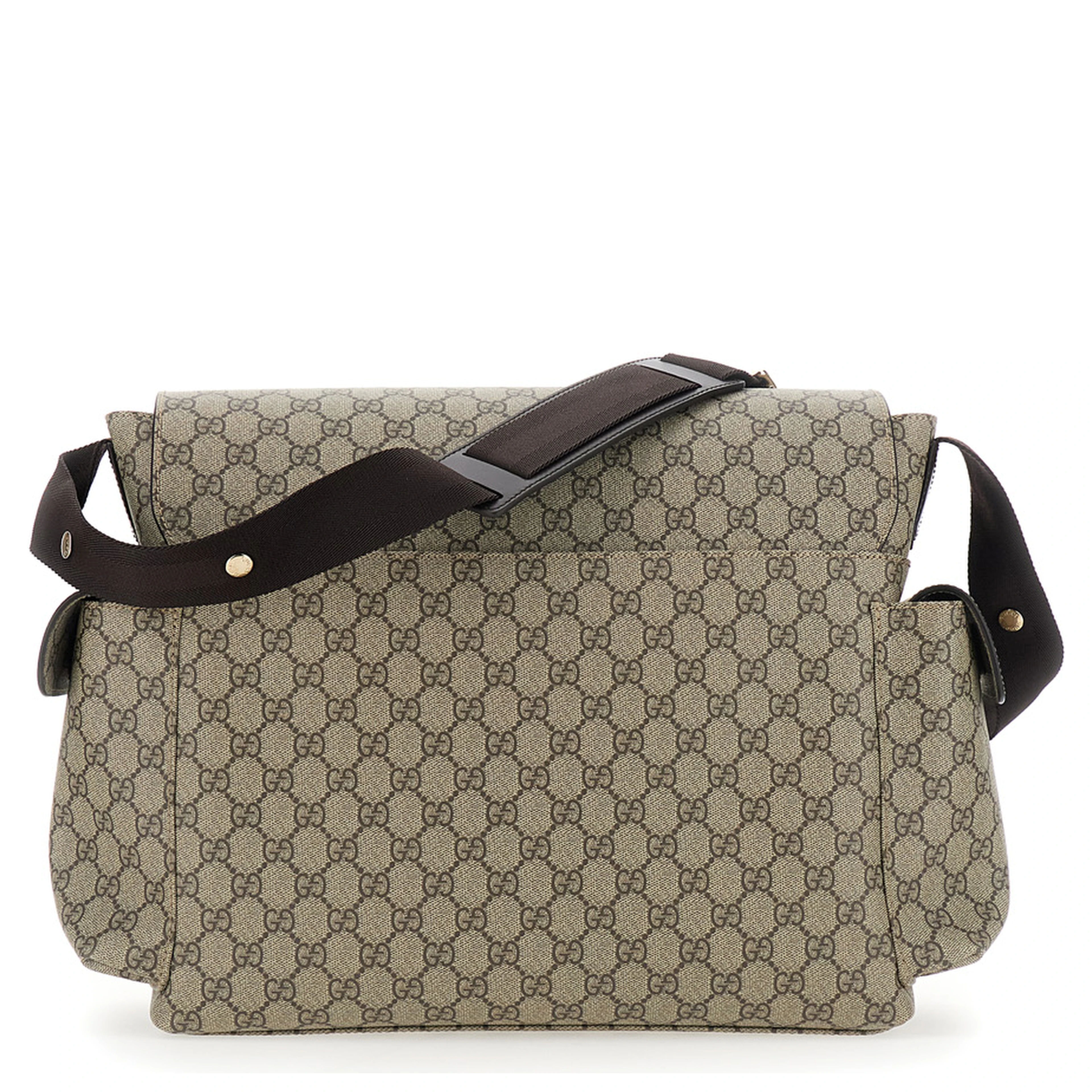 Beige Crossbody changing  bag with adjustable strap and flap closure on the front in GG canvas baby