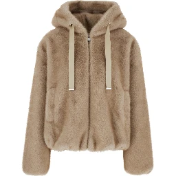 beige Shearling with zip closure and drawstring hood in eco-fur for women