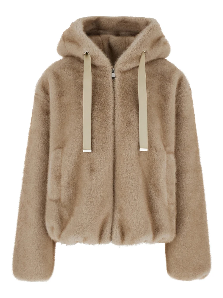 beige Shearling with zip closure and drawstring hood in eco-fur for women