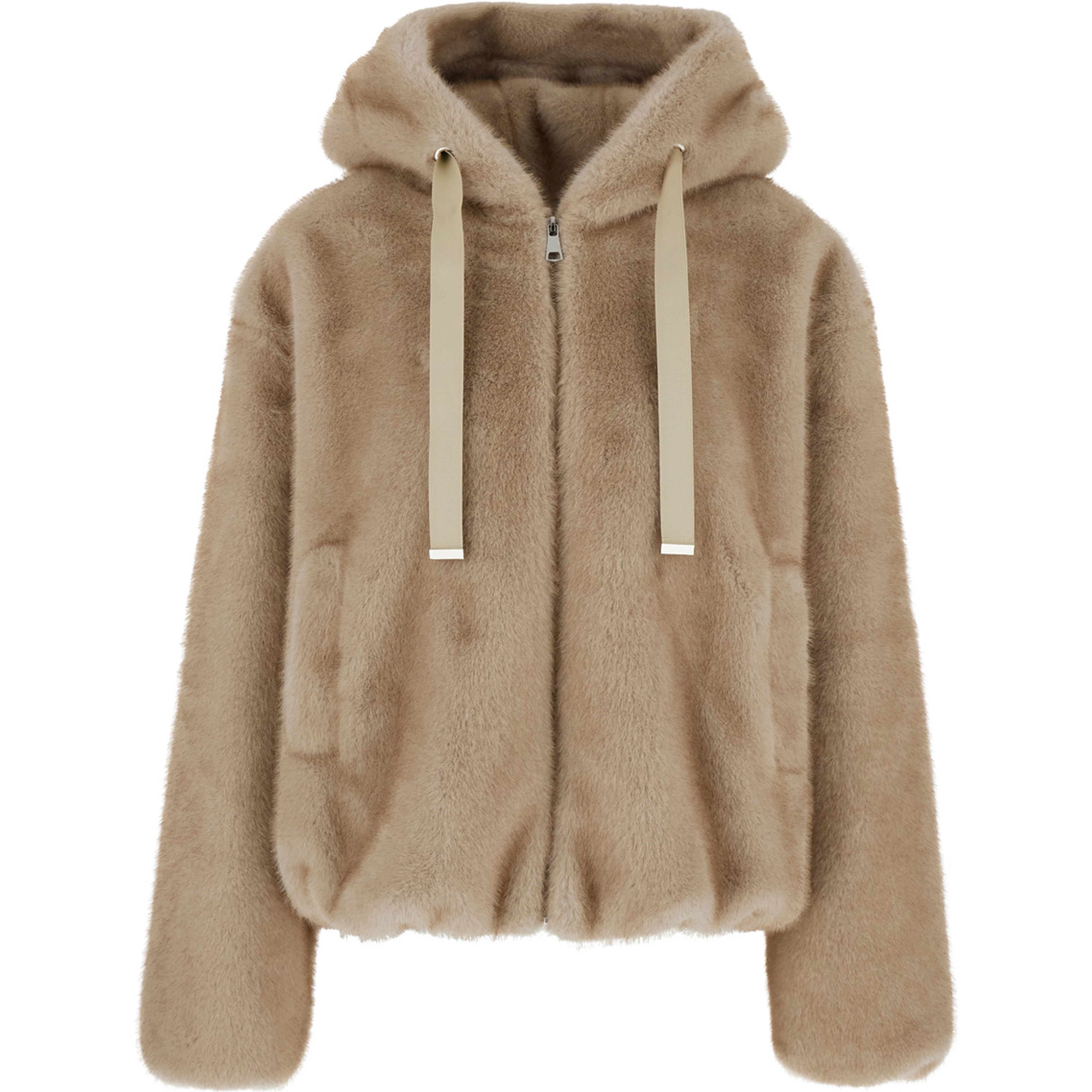 beige Shearling with zip closure and drawstring hood in eco-fur for women
