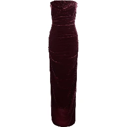 Bordeaux Long Sleeveless Dress with Ruffles in Velvet for Women
