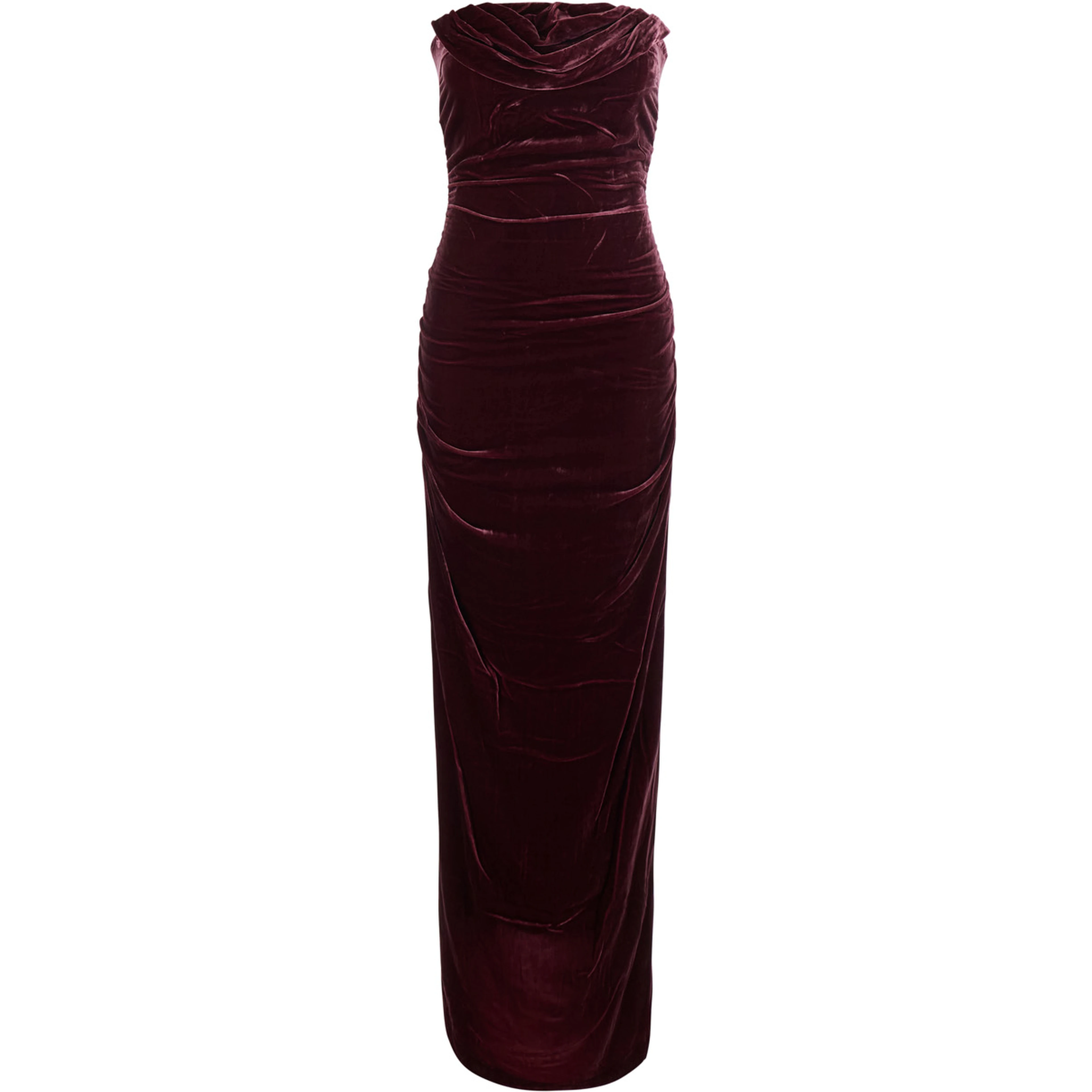 Bordeaux Long Sleeveless Dress with Ruffles in Velvet for Women