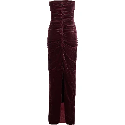 Bordeaux Long Sleeveless Dress with Ruffles in Velvet for Women