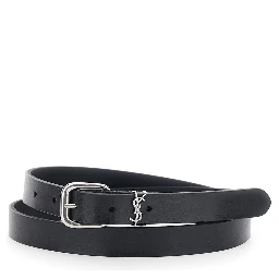 Belt with Cassandre Plate on the Front and Adjustable Buckle in Black Leather for Men