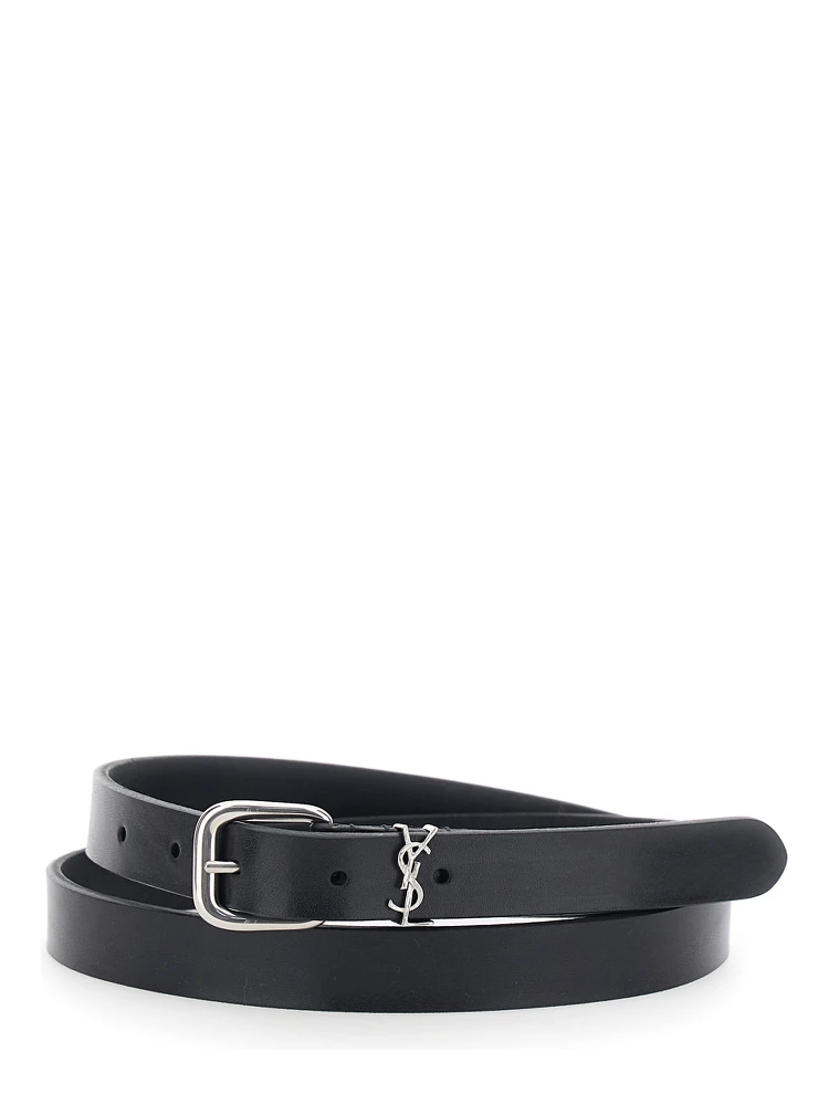 Belt with Cassandre Plate on the Front and Adjustable Buckle in Black Leather for Men
