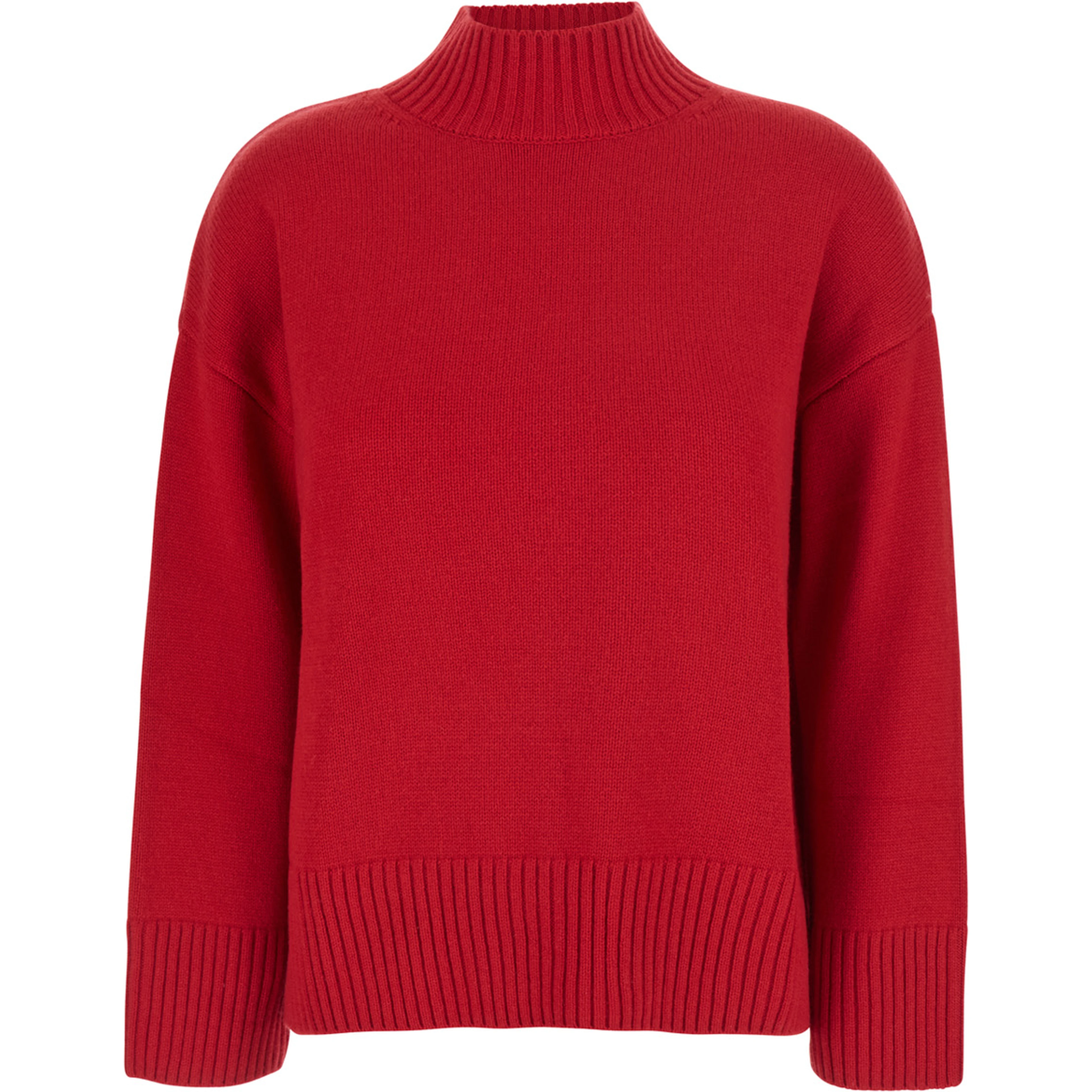 Sweater with high collar and long sleeves in red cashmere for women