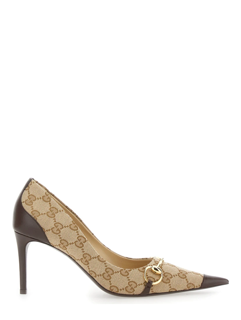 Brown High-Heel Pumps with Horsebit Plate in GG Canvas for Women