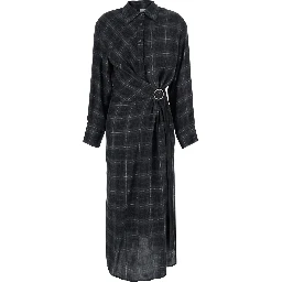Black Dress with buckle belt on the front and all-over check Motif in fabric for women