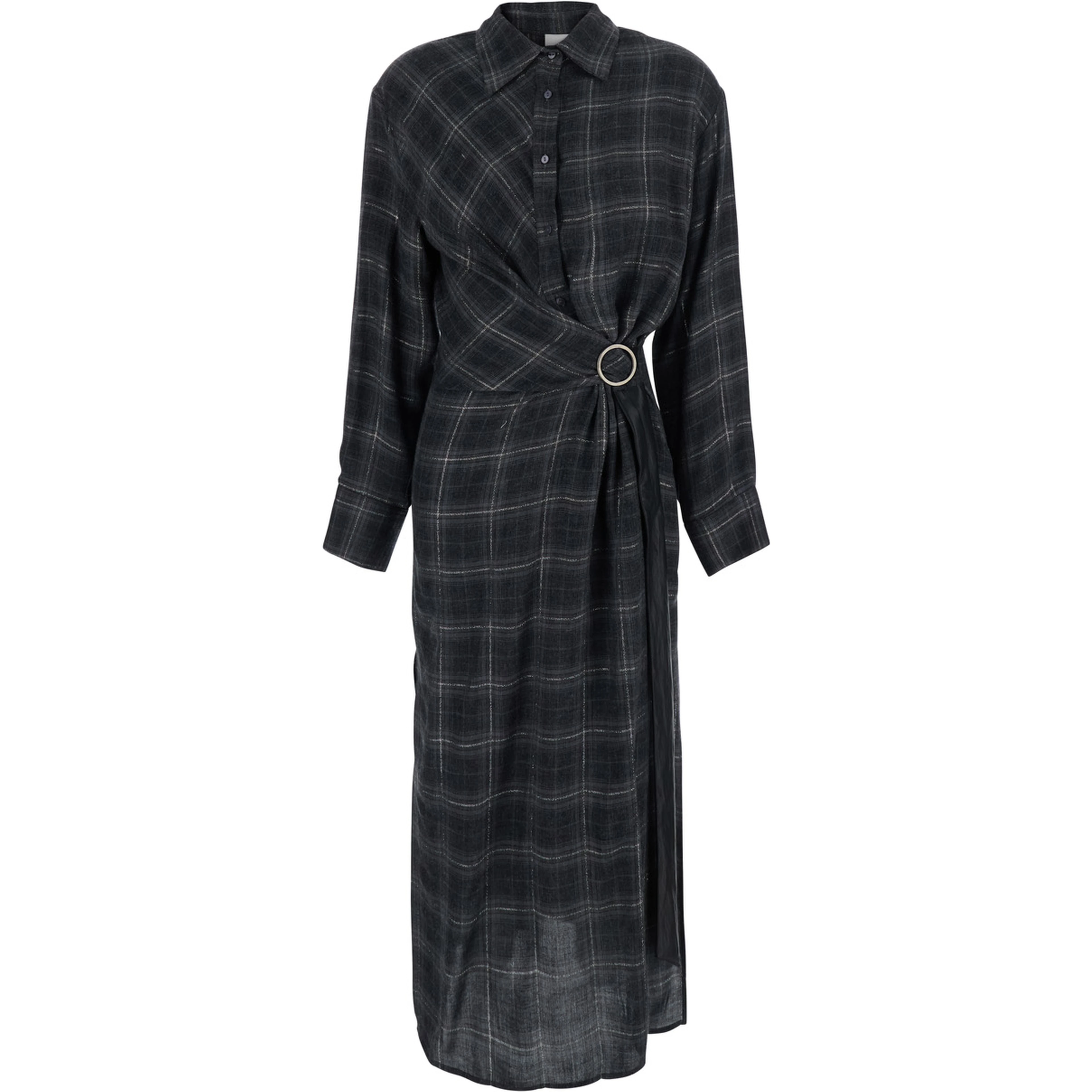 Black Dress with buckle belt on the front and all-over check Motif in fabric for women