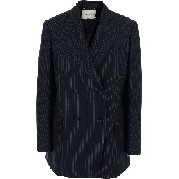 Blue Double-breasted Jacket with Peak Revers and Pinstripe Motif in Wool Blend Women