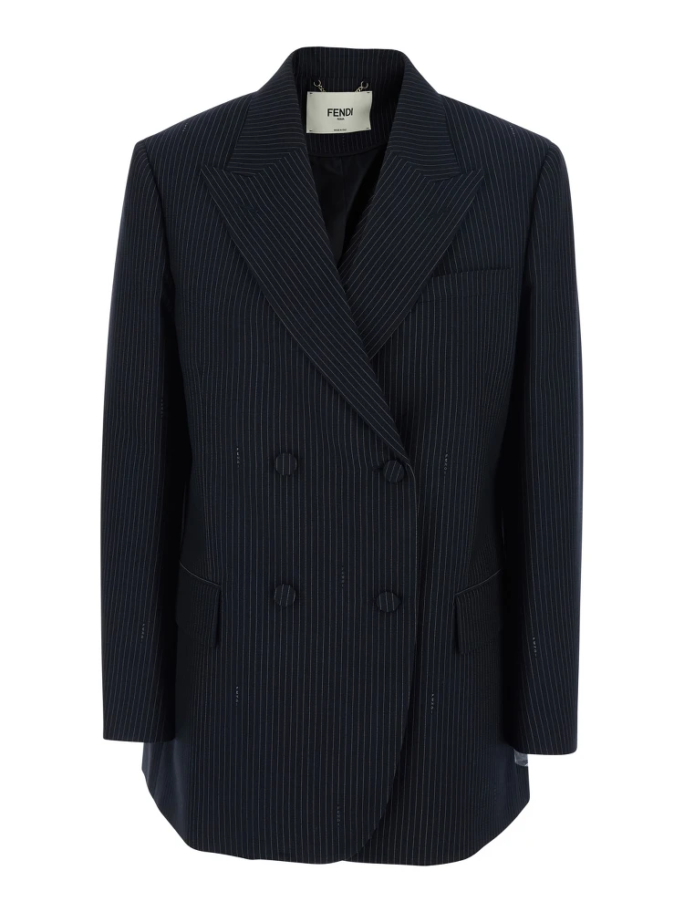 Blue Double-breasted Jacket with Peak Revers and Pinstripe Motif in Wool Blend Women