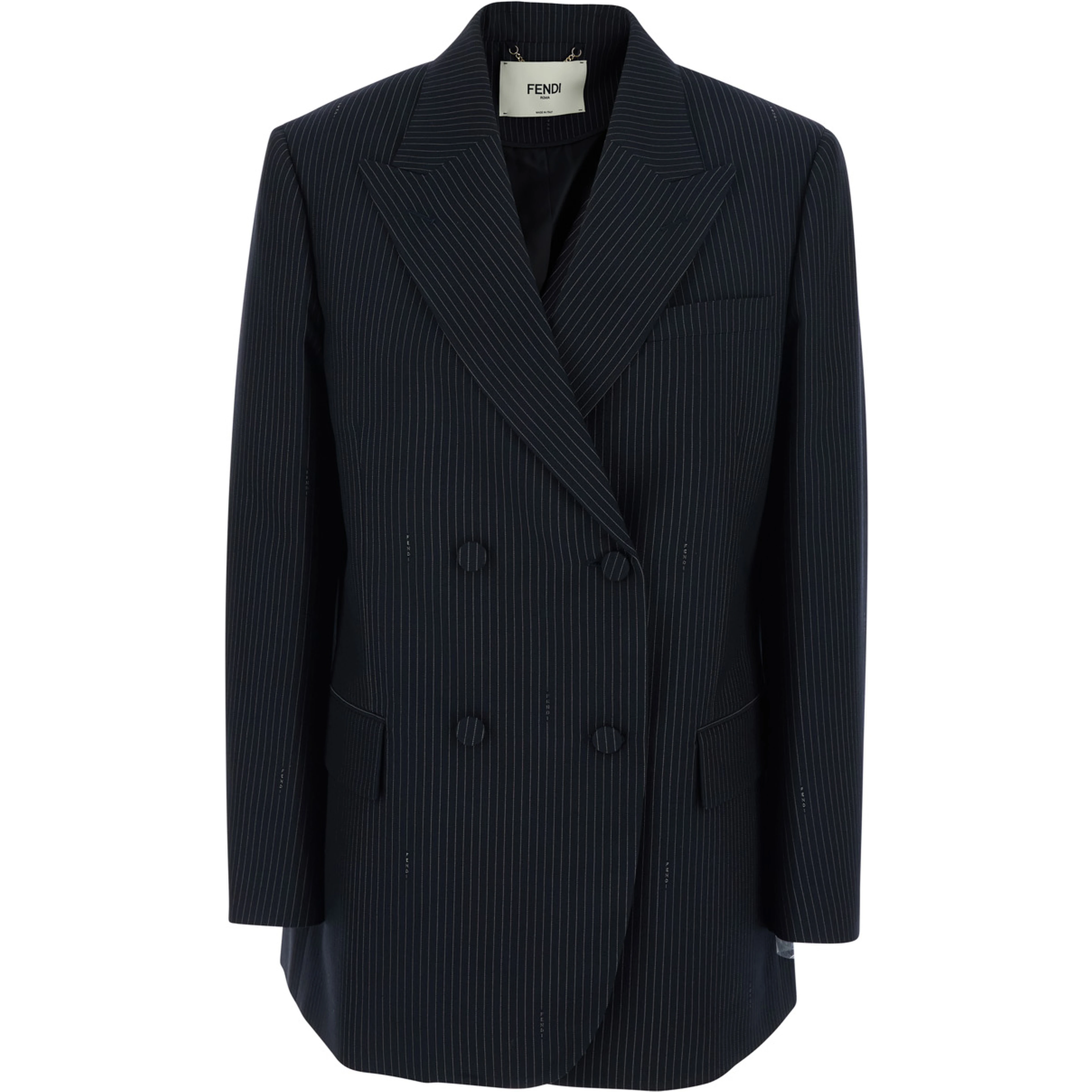 Blue Double-breasted Jacket with Peak Revers and Pinstripe Motif in Wool Blend Women