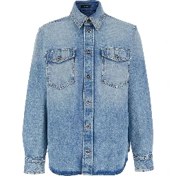 Light Blue Shirt with Classic Collar and Two Patch Pockets on the Front in Denim for Men