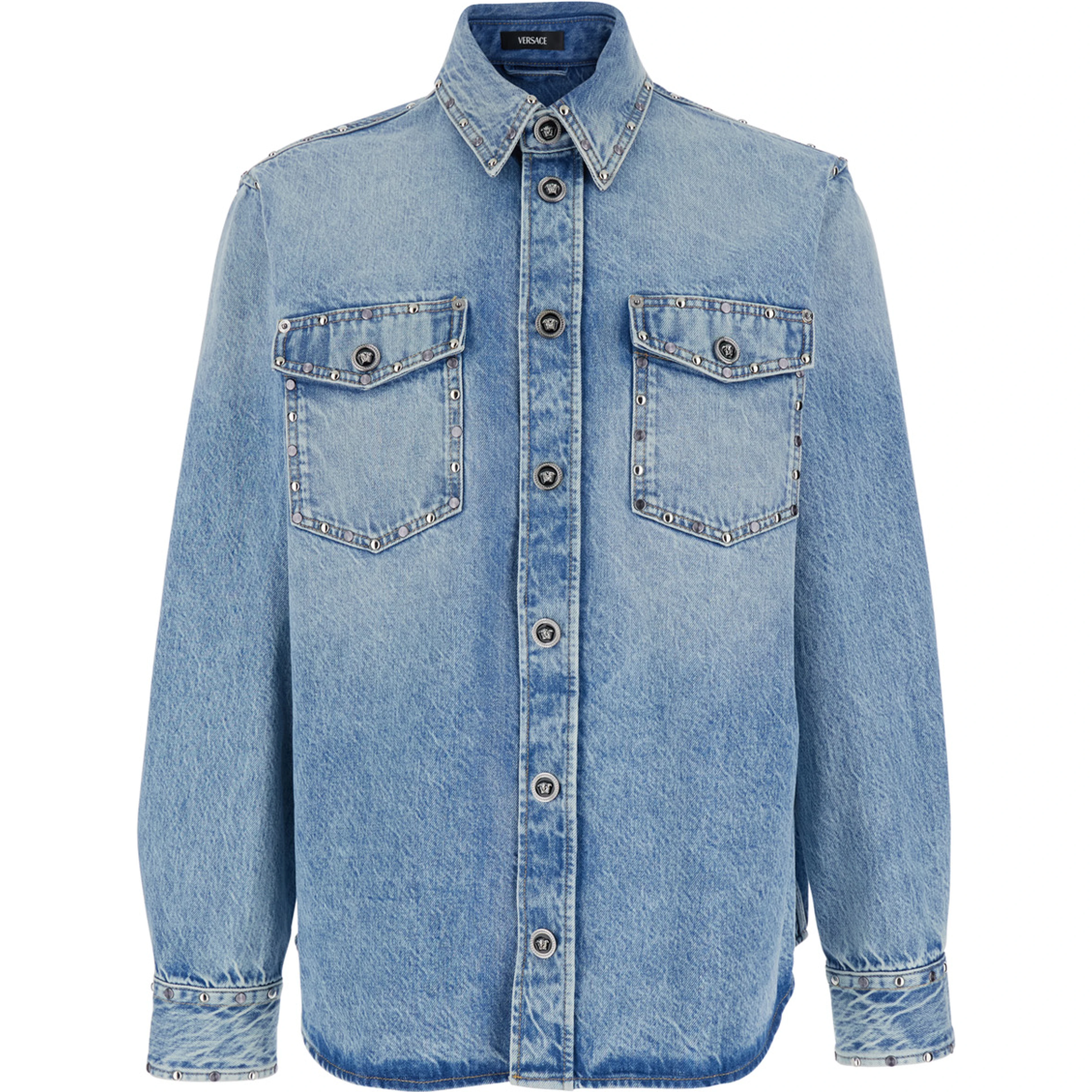 Light Blue Shirt with Classic Collar and Two Patch Pockets on the Front in Denim for Men