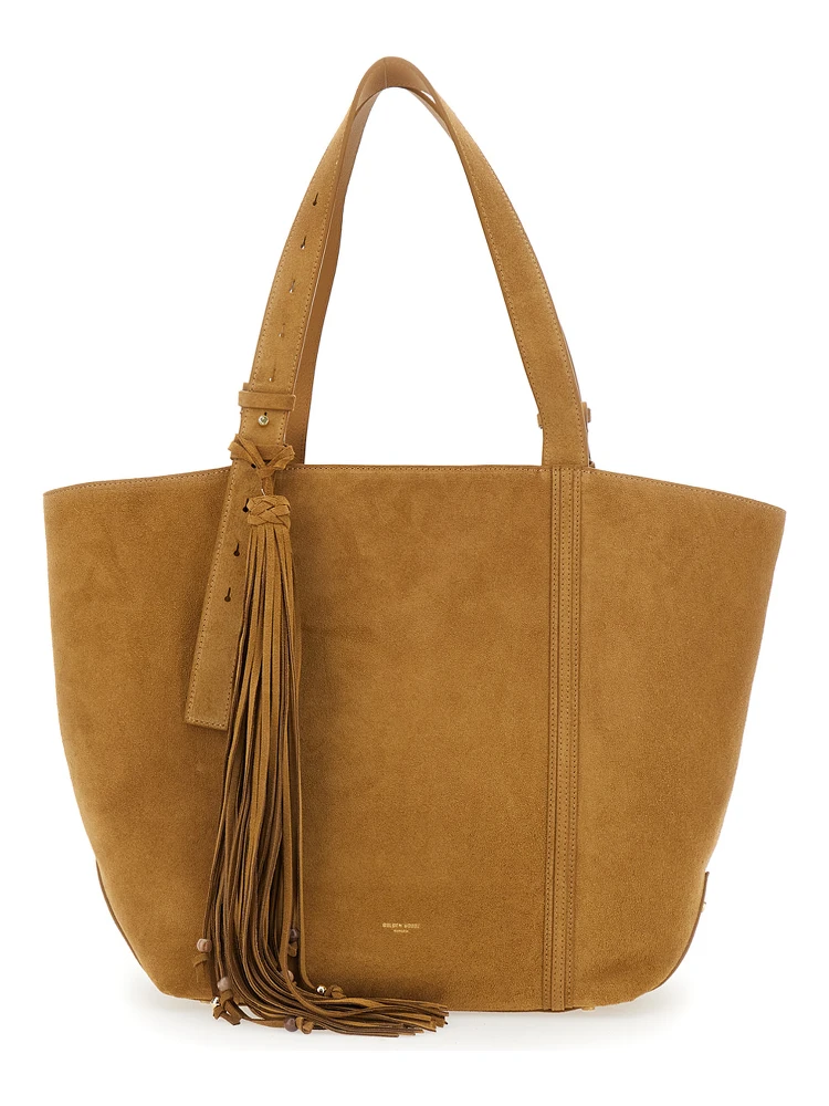 24/7 brown Shopper with Logo on the Front and fringes with micro metal studs in suede