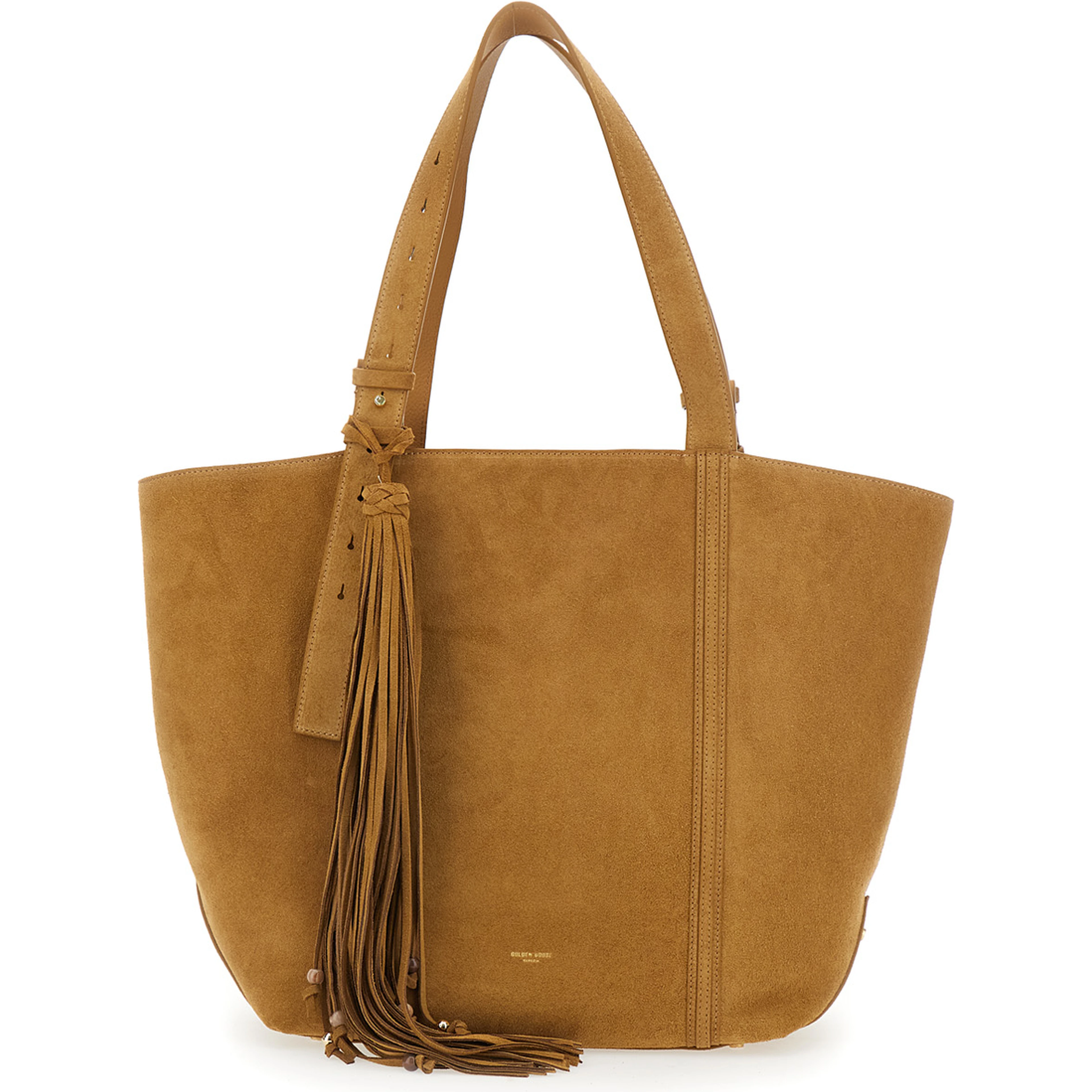 24/7 brown Shopper with Logo on the Front and fringes with micro metal studs in suede