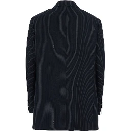 Blue Double-breasted Jacket with Peak Revers and Pinstripe Motif in Wool Blend Women