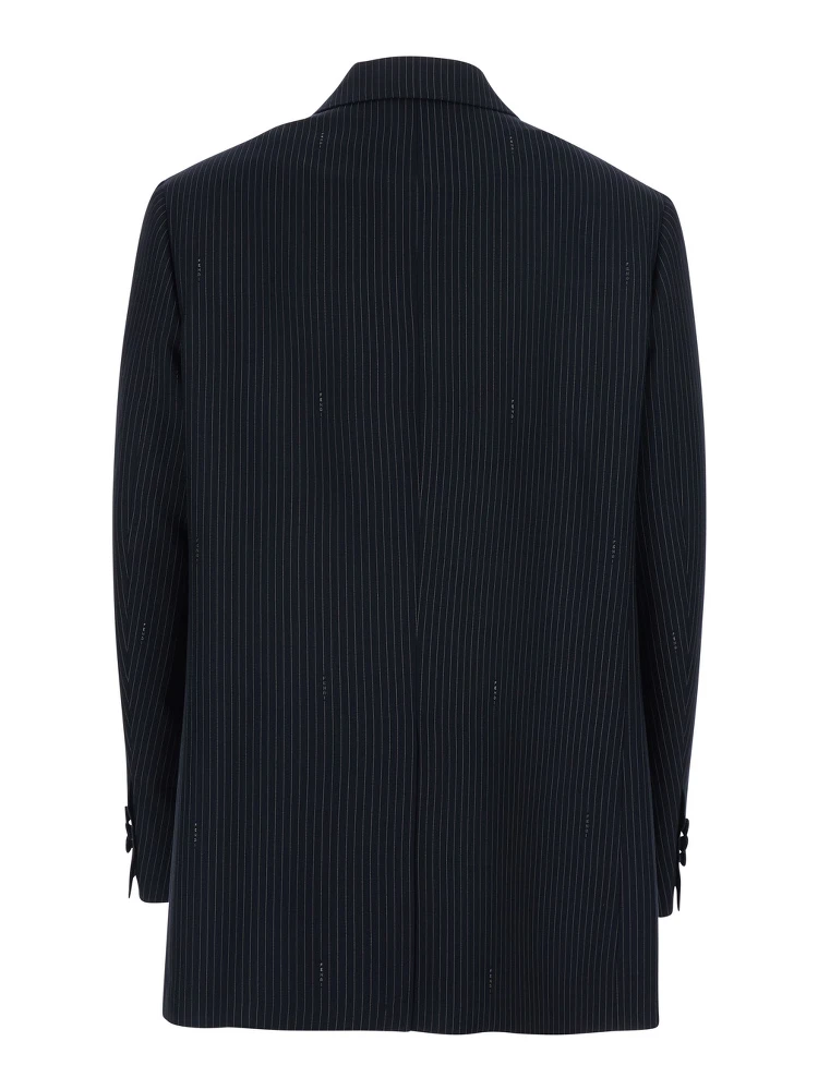 Blue Double-breasted Jacket with Peak Revers and Pinstripe Motif in Wool Blend Women alternative