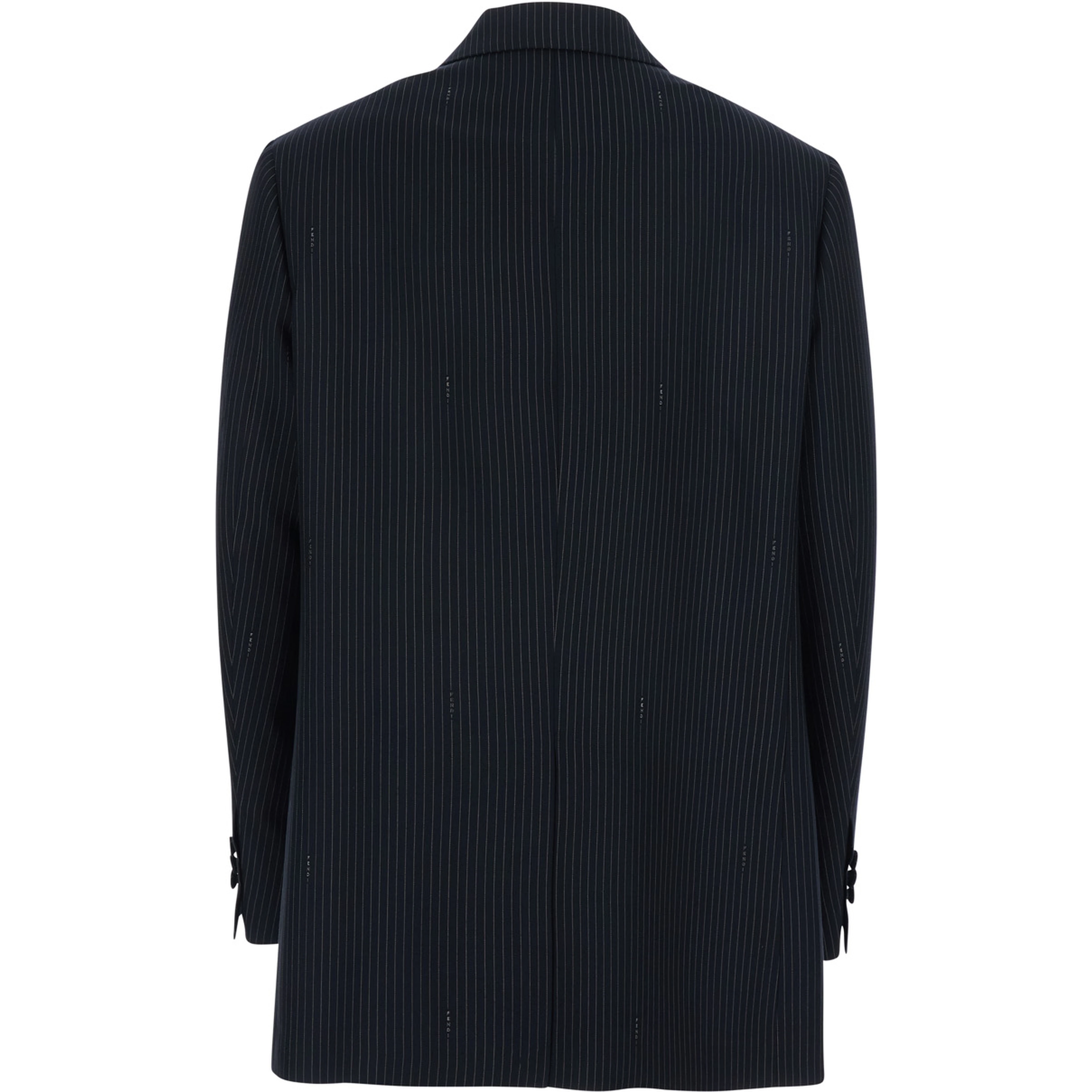 Blue Double-breasted Jacket with Peak Revers and Pinstripe Motif in Wool Blend Women