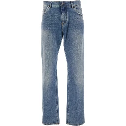 Blue Five-pocket jeans with logo patch on the back in denim for man