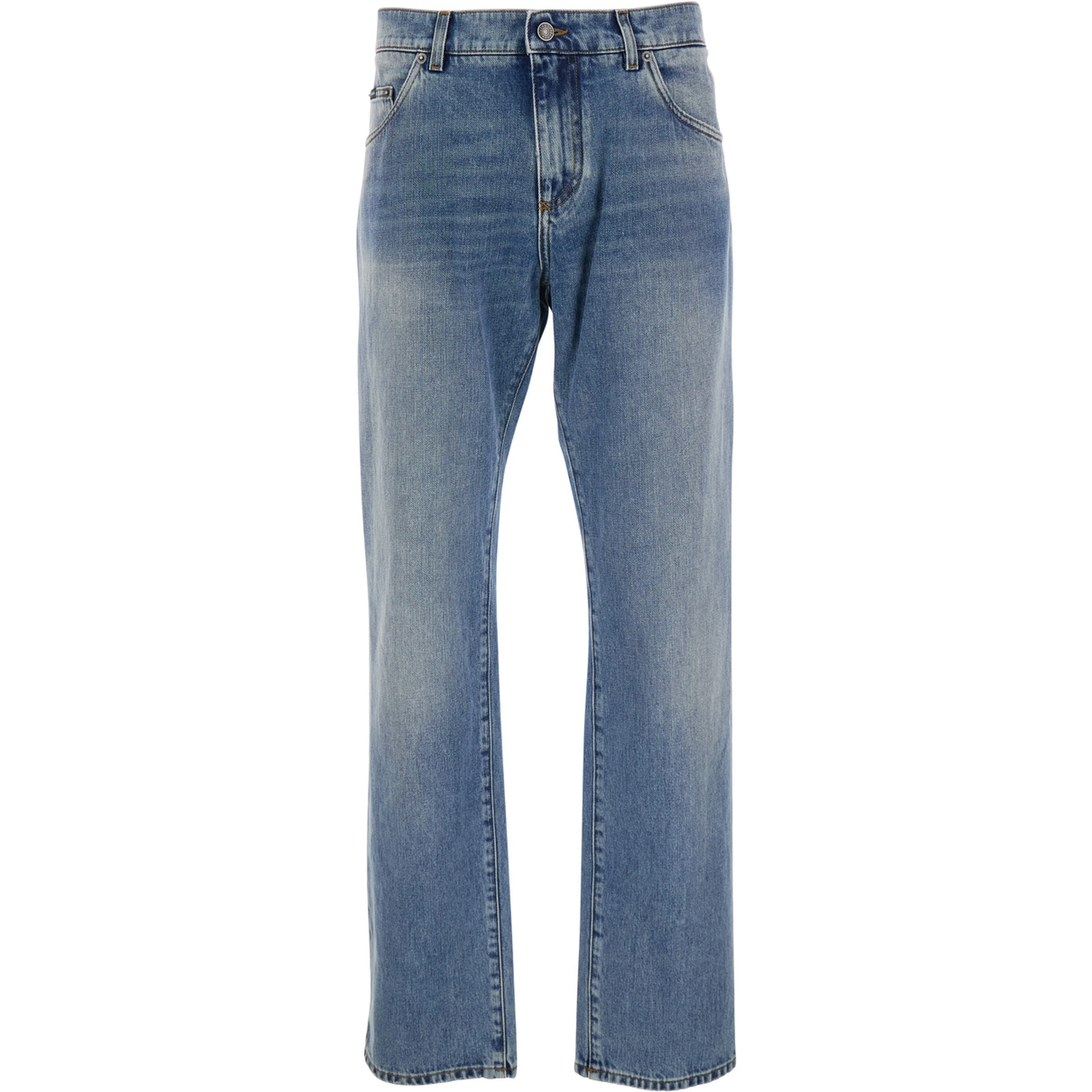 Blue Five-pocket jeans with logo patch on the back in denim for man