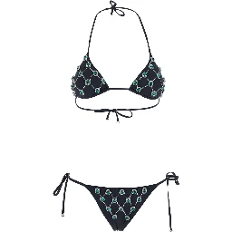 Black Bikini with Gem Embroidery and Adjustable Drawstring Closure in Stretch Tech Fabric for Women