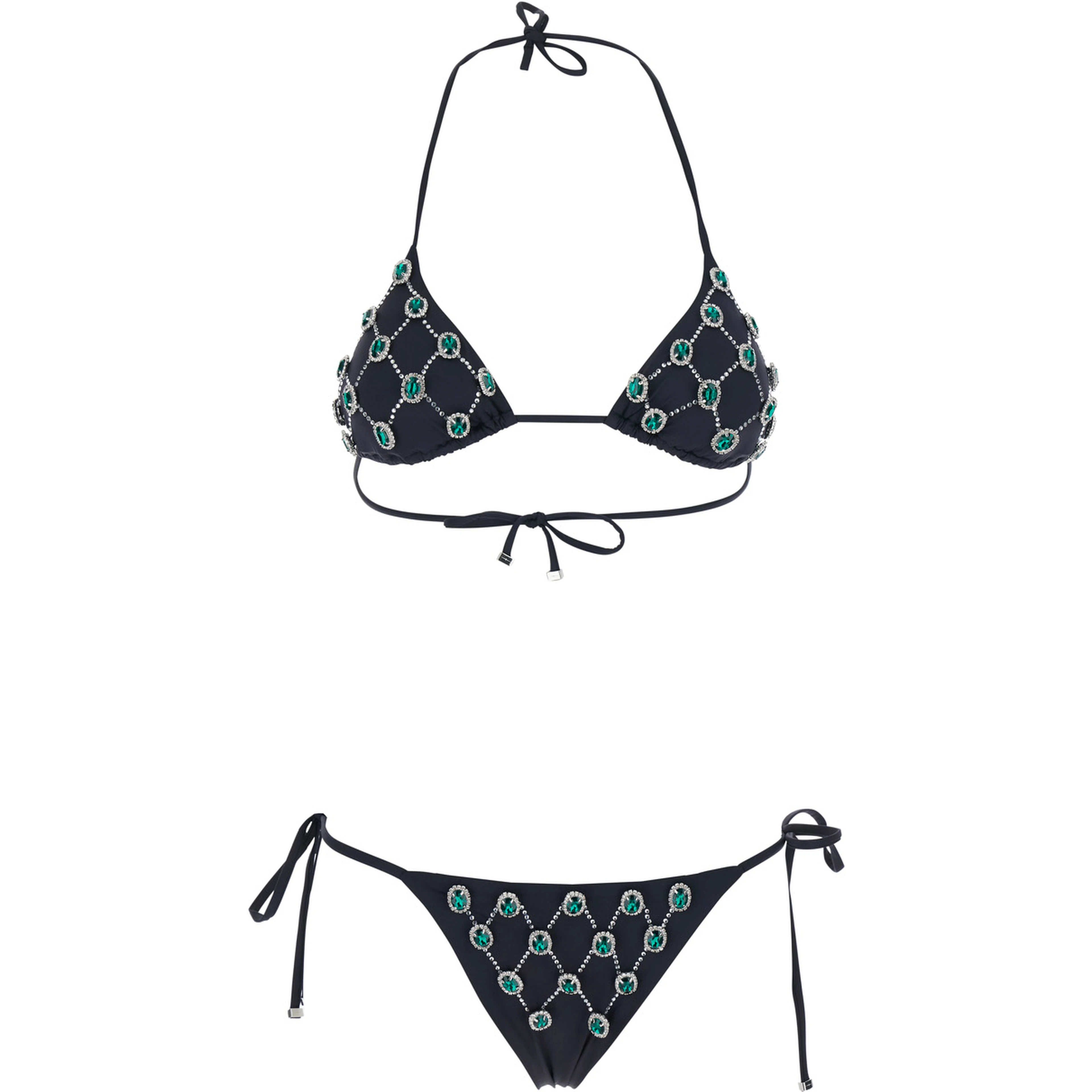 Black Bikini with Gem Embroidery and Adjustable Drawstring Closure in Stretch Tech Fabric for Women