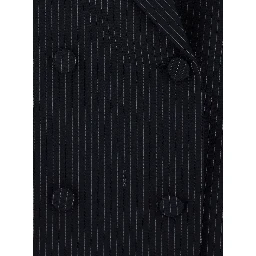 Blue Double-breasted Jacket with Peak Revers and Pinstripe Motif in Wool Blend Women