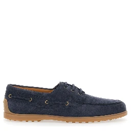 Blue Boat Loafers with Logo Lettering on Back in Suede Man