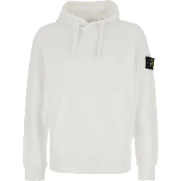 White Hoodie with Drawstring and Logo Patch on Sleeve in Cotton for Men