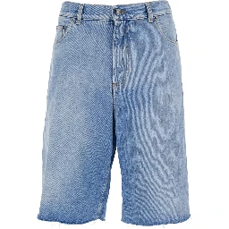 Blue Five-pocket Bermuda with metallic logo patch on the back in denim for men