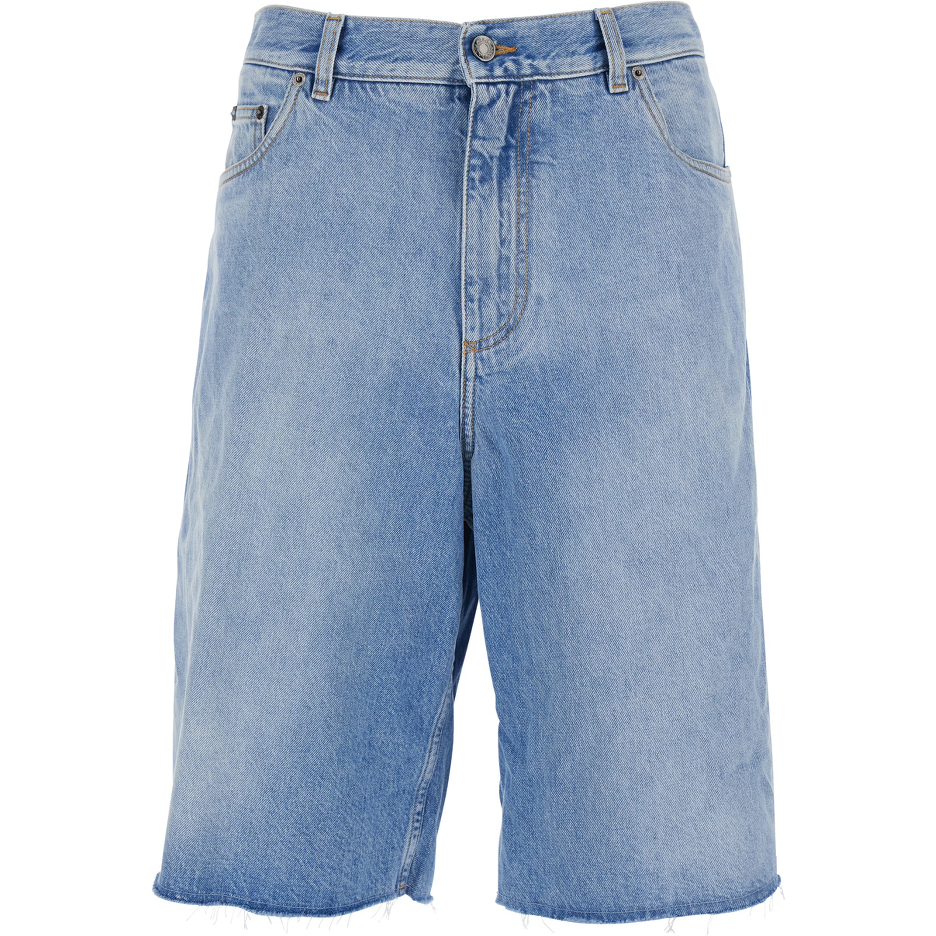 Blue Five-pocket Bermuda with metallic logo patch on the back in denim for men