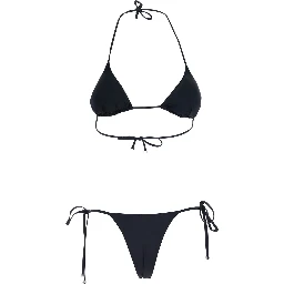 Black Bikini with Gem Embroidery and Adjustable Drawstring Closure in Stretch Tech Fabric for Women