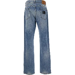 Blue Five-pocket jeans with logo patch on the back in denim for man