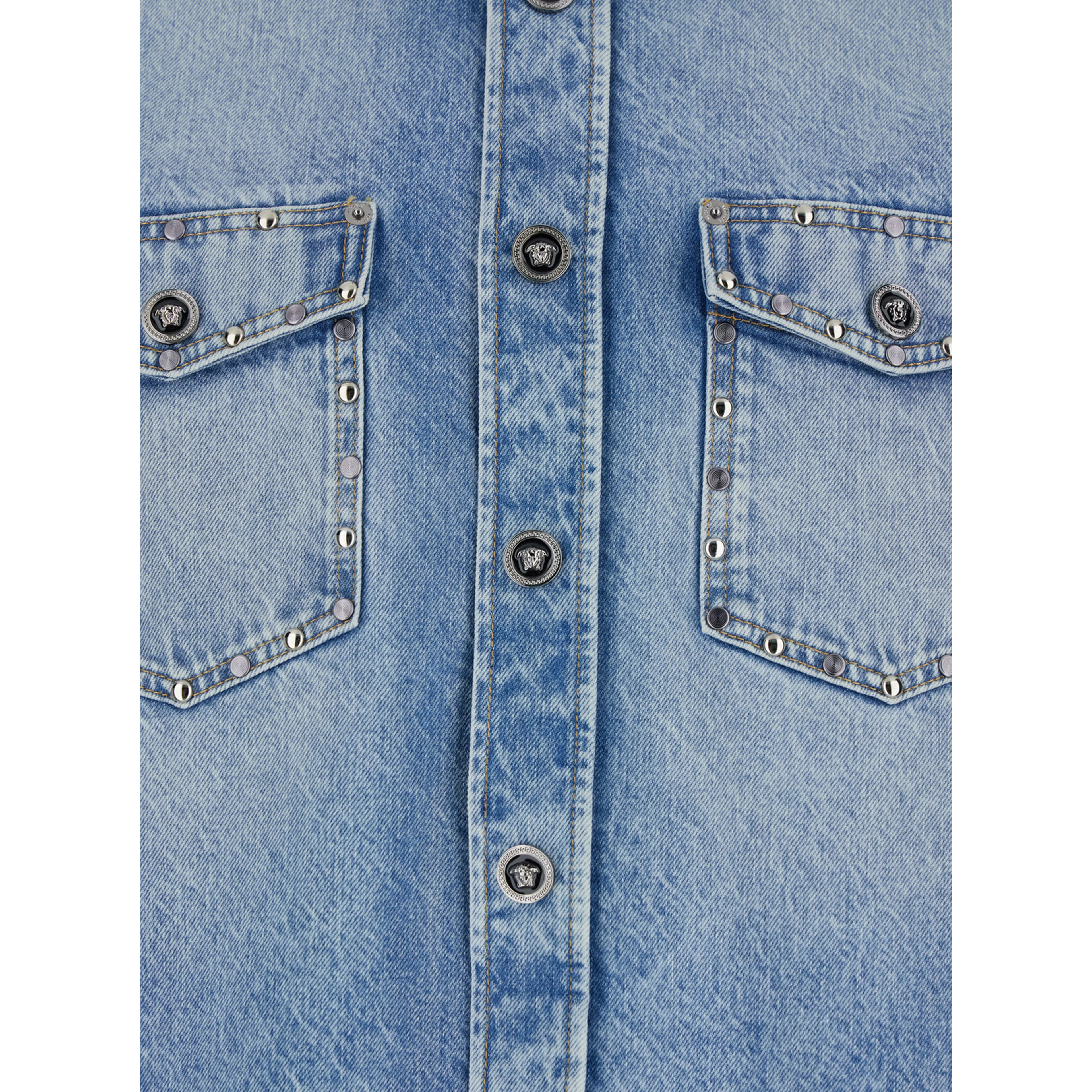 Light Blue Shirt with Classic Collar and Two Patch Pockets on the Front in Denim for Men