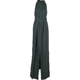 Green Long Dress with Halterneck and Front Belt in Viscose Blend for Women