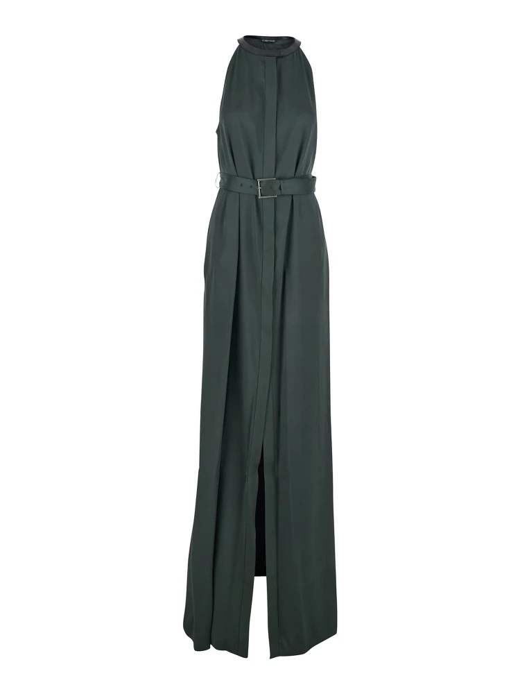 Green Long Dress with Halterneck and Front Belt in Viscose Blend for Women