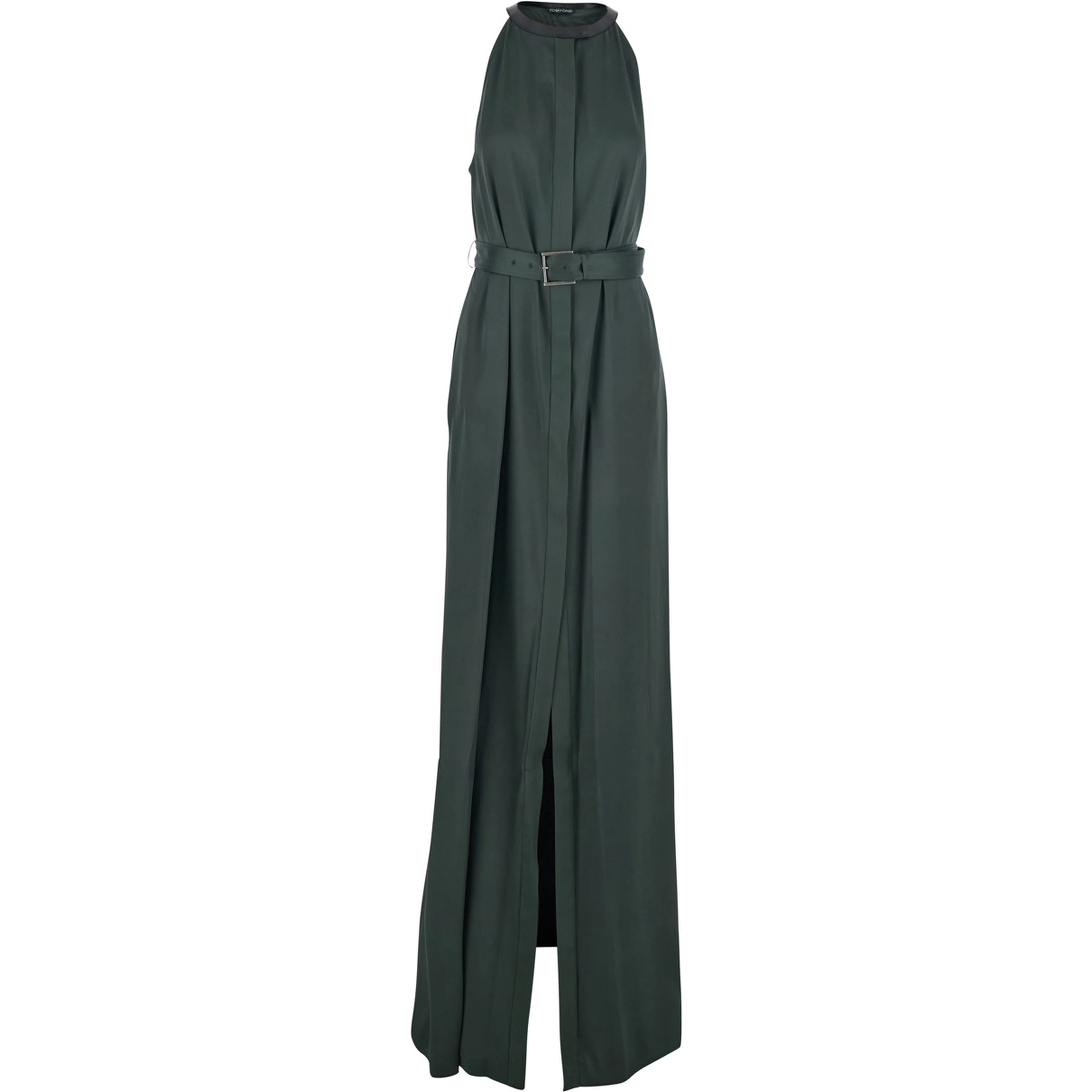 Green Long Dress with Halterneck and Front Belt in Viscose Blend for Women