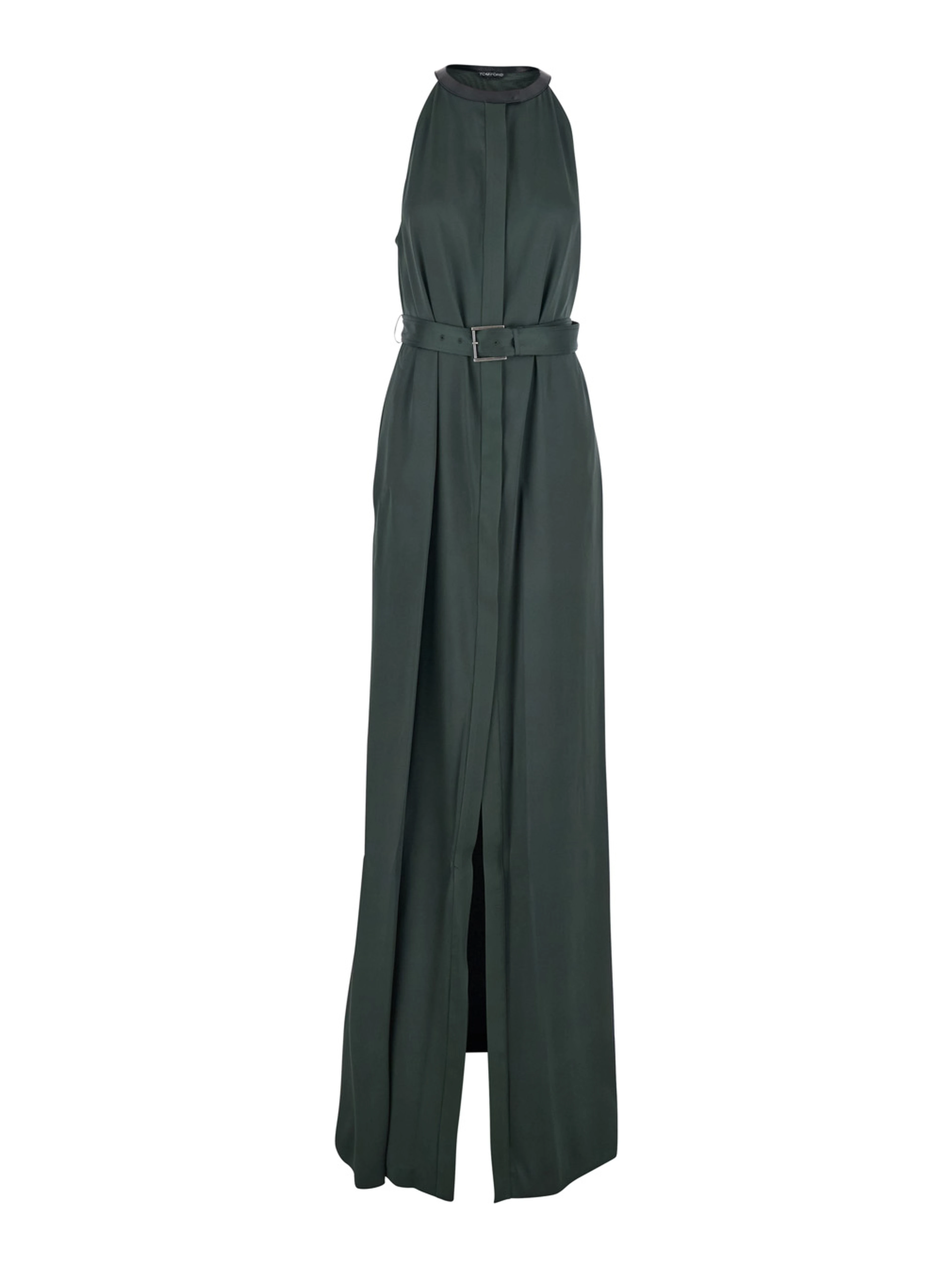 Green Long Dress with Halterneck and Front Belt in Viscose Blend for Women