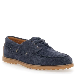 Blue Boat Loafers with Logo Lettering on Back in Suede Man