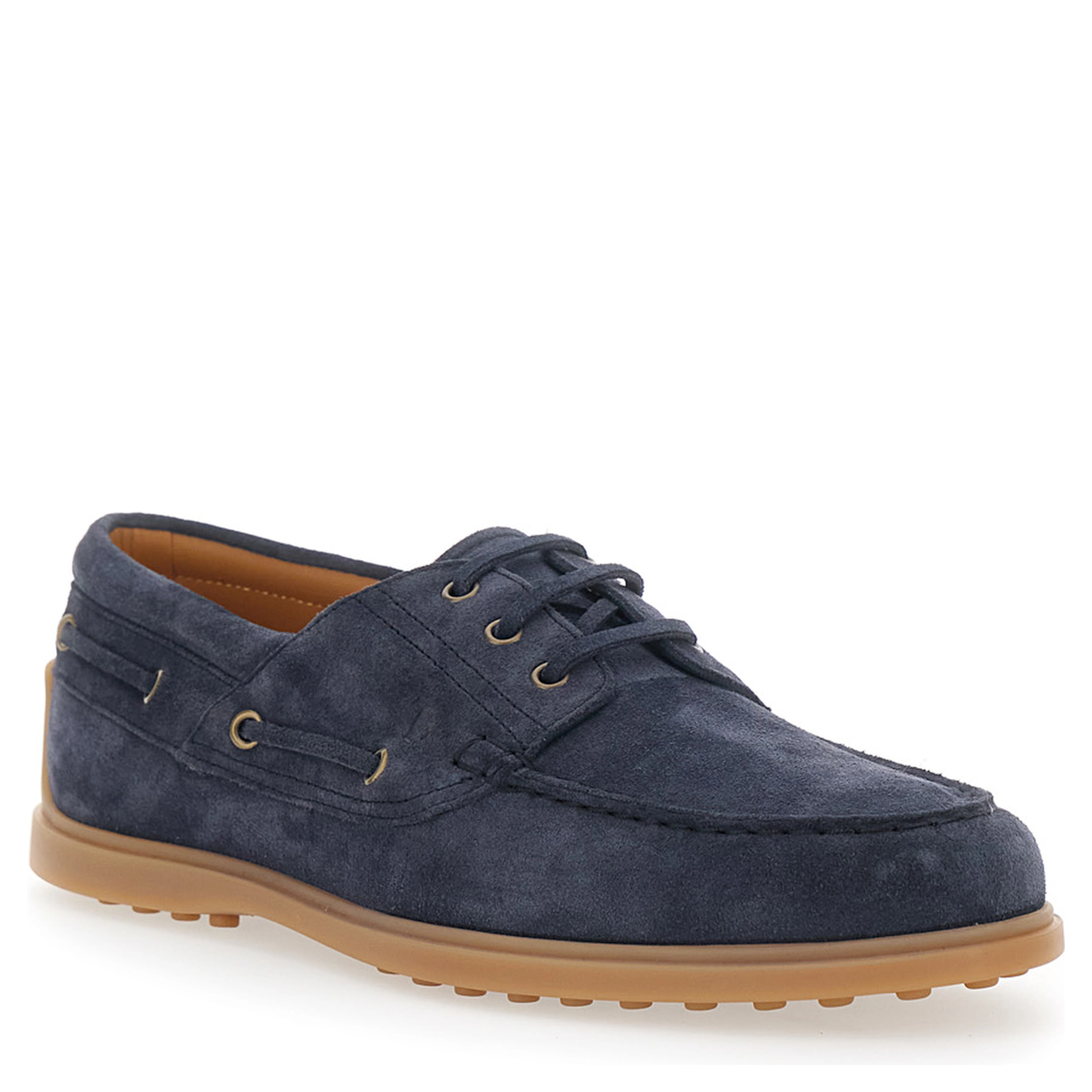 Blue Boat Loafers with Logo Lettering on Back in Suede Man
