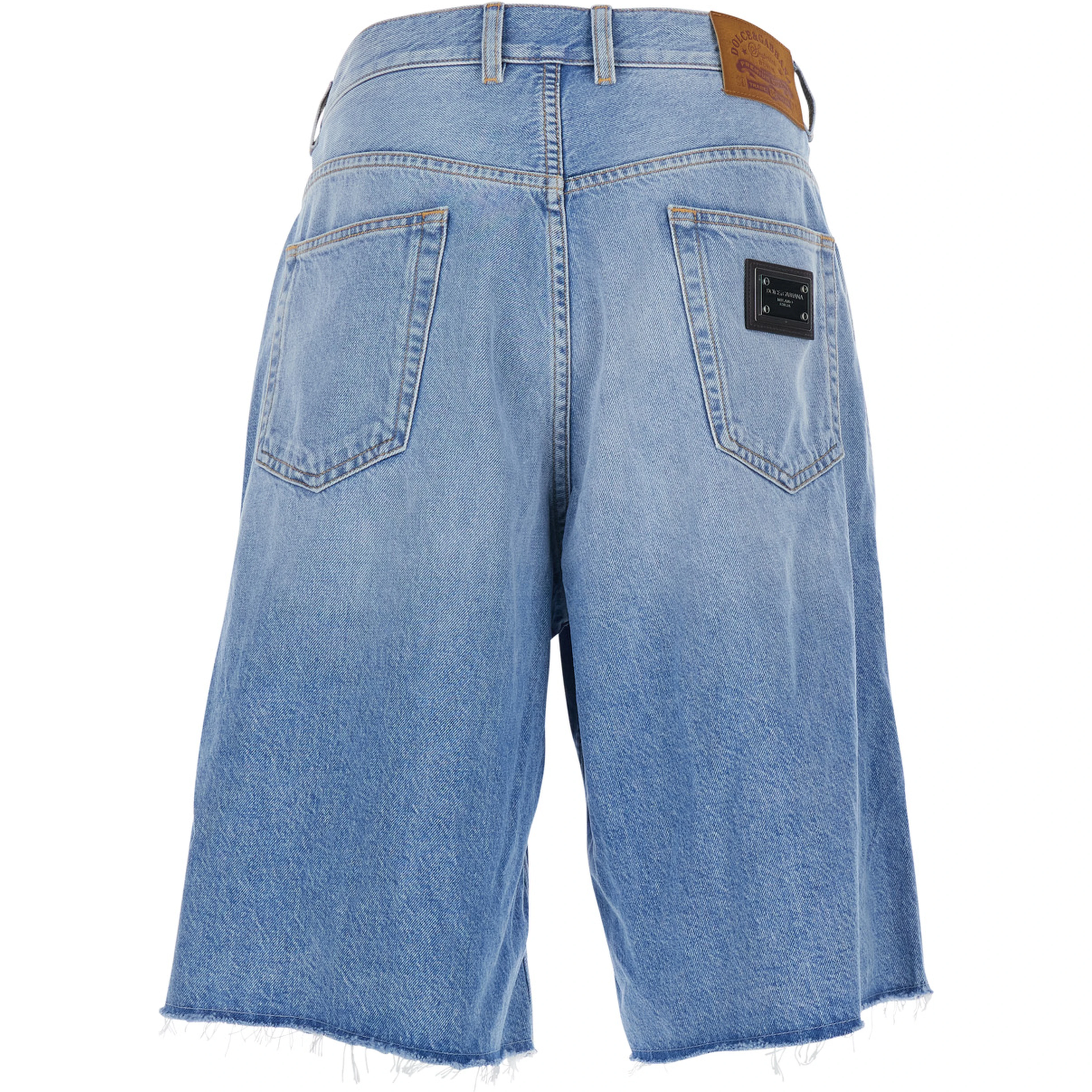 Blue Five-pocket Bermuda with metallic logo patch on the back in denim for men