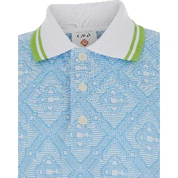 Light Blue Polo Shirt with Classic Bicolor Collar and All-Over Embroidery in Cotton Blend Man