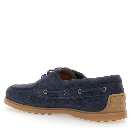 Blue Boat Loafers with Logo Lettering on Back in Suede Man