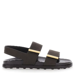 Brown Leather Sandals with Strap Design and Metallic Logo Details for Women