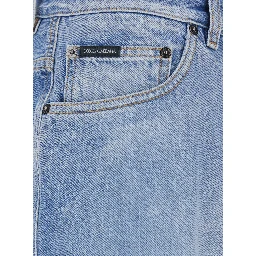Blue Five-pocket Bermuda with metallic logo patch on the back in denim for men