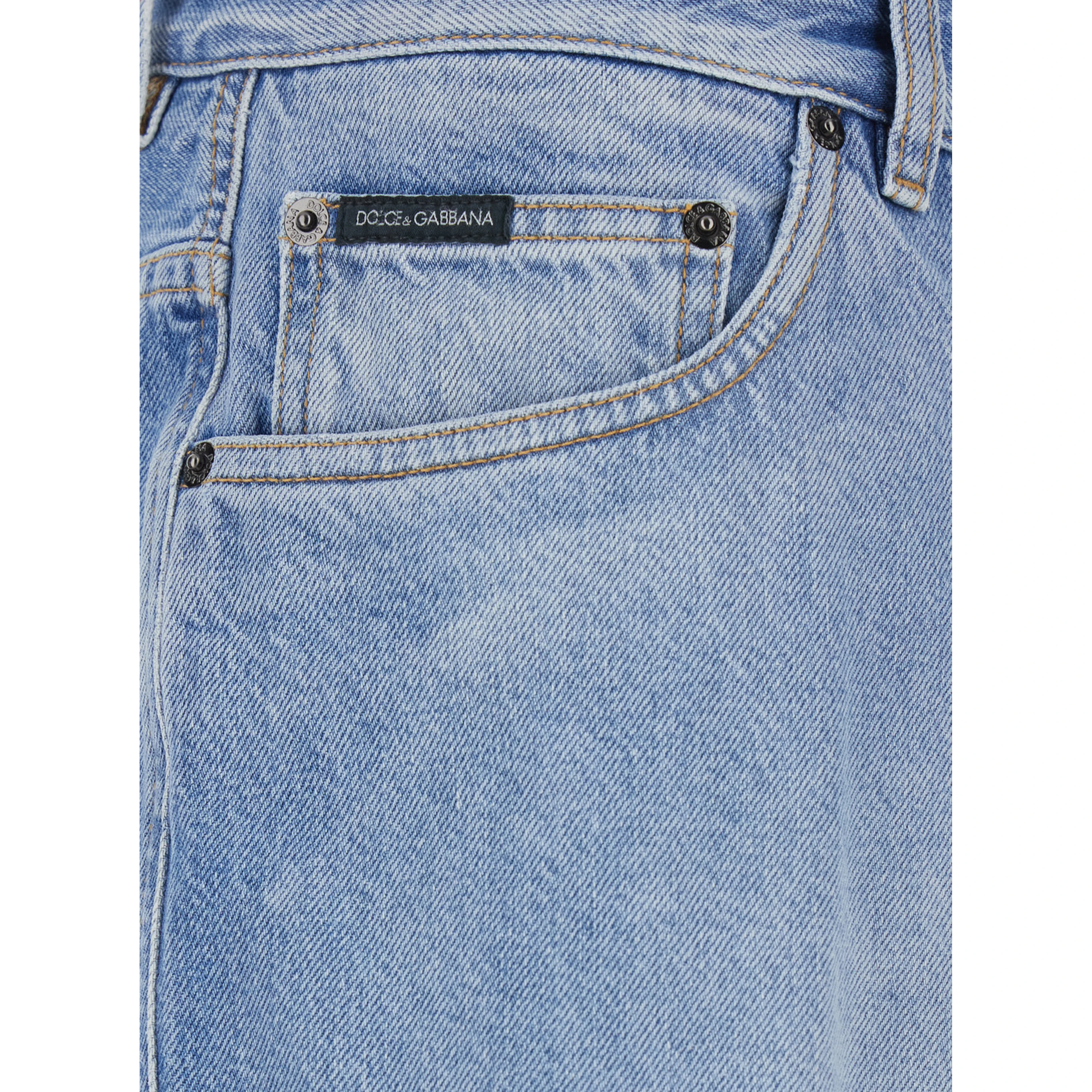 Blue Five-pocket Bermuda with metallic logo patch on the back in denim for men