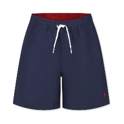 Blue Swimsuit with Elastic Waist and Embroidered Pony on the Front in Tech Fabric for Kids